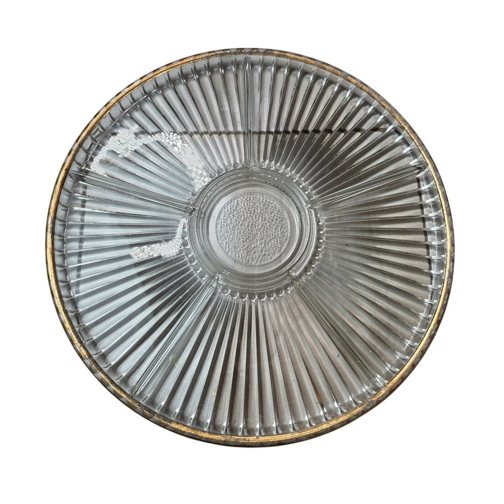 Vintage Divided Glass Relish Tray Gold Rim Ribbed 4 Section Round Server 14in E1